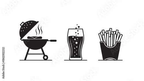 Barbecue and Refreshments in Simple Line Art with Black Silhouette on White Background for Restaurant Menu