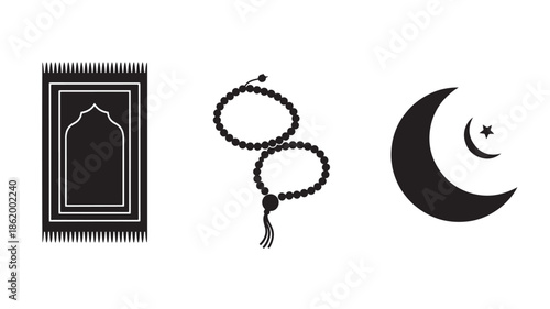 Islamic Symbols Set in Minimalist Black Silhouette on White Background for Religious Design