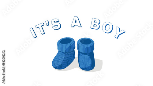 Delightful "It's a Boy" announcement featuring a pair of charming blue knitted baby booties, perfect for baby showers, birth announcements, and celebrating a newborn.