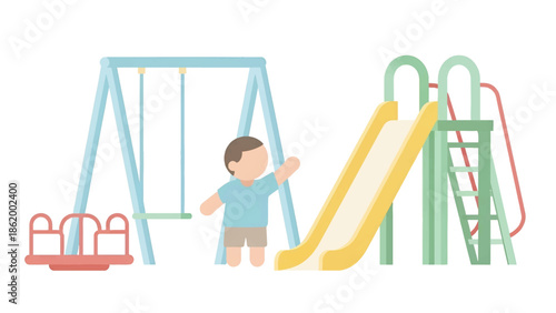 Child waving between pastel blue swing and yellow slide on a simple outdoor playground scene nearby!