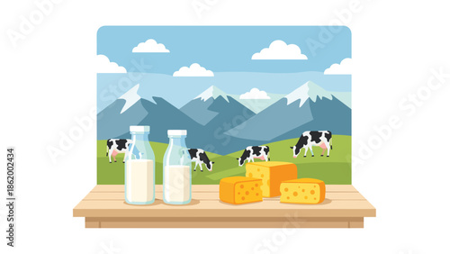 Fresh dairy products including milk bottles and cheese displayed on a wooden table, with cows grazing in a scenic mountainous landscape under a blue sky.