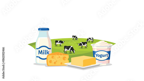 Assortment of fresh dairy products including a milk bottle, cheese, butter, and yogurt, set on a green patch with cows grazing in the background.