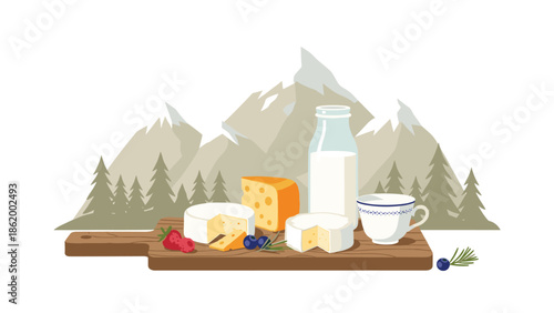 Gourmet dairy spread featuring a milk bottle, various cheeses, fresh berries, and a cup, all arranged on a wooden board with a mountainous, forested background.
