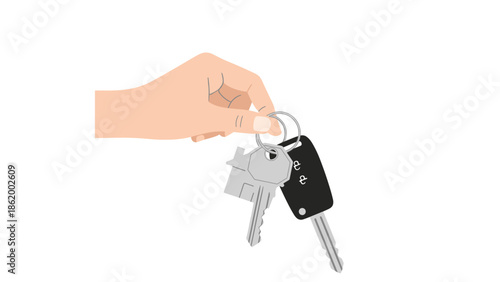 Human hand firmly holding a set of keys, prominently featuring a house key and a car key, symbolizing new ownership and personal freedom.
