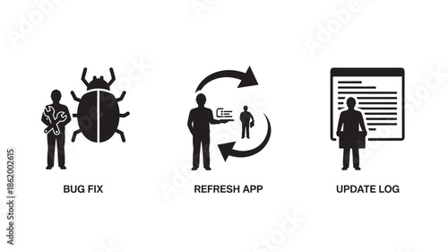 Software update process in minimalist black silhouettes with simple icons and arrows in monochromatic lighting for tech documentation
