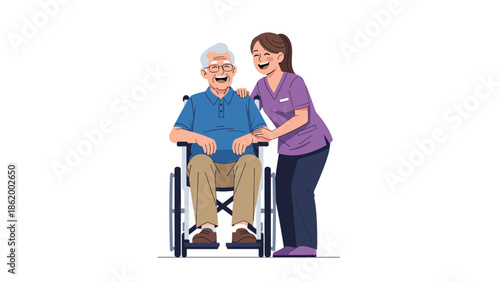Smiling female nurse or caregiver cheerfully interacting with a happy elderly man in a wheelchair, illustrating compassionate elder care and assistance.
