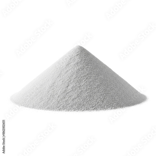 Ultra-detailed macro shot of a transparent silica sand cone with sharp peaks, high texture visibility, isolated on a white background with harsh top-down light. Concept of raw geological material