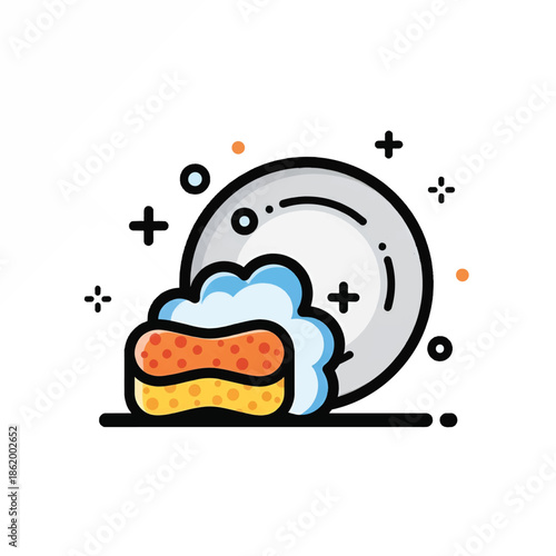 Colorful sponge with blue suds resting against a gleaming plate, surrounded by tiny playful bubbles