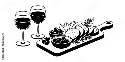 A black and white illustration of a wine and cheese board with two glasses of red wine