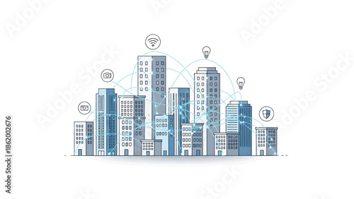 Connected blue-gray smart city skyline of varied highrises linked by glowing data arcs and tech icon