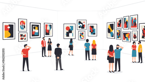 Diverse visitors engaging with various pieces of abstract art in a spacious and well-lit art gallery, contemplating the creative expressions and cultural experience.
