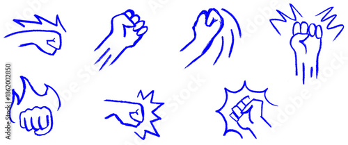 Punch Hitting Action Icons Crayon Chalk Drawing Doodle Vector Set