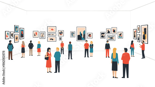 Large diverse group of people viewing an extensive collection of abstract art displayed in a wide, modern art gallery, engaging in a rich cultural experience.