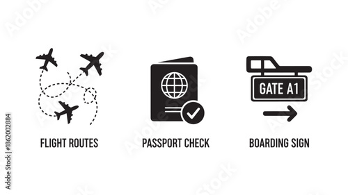 Travel icons in simple flat design with black color on white background for infographic