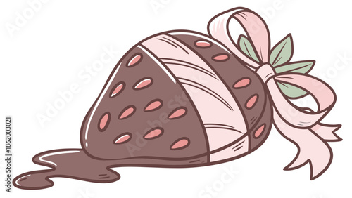 Sweet Strawberry Dessert with Chocolate Glaze and Pink Bow Illustration
