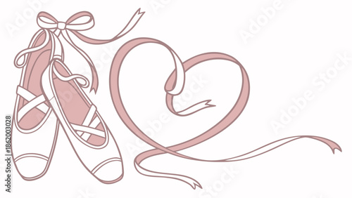 Ballet pointe shoes with heart ribbon romantic line art illustration