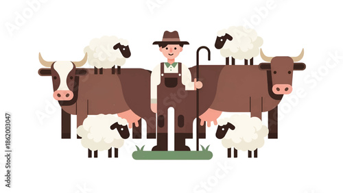 Farmer in hat with staff stands between two brown cows and four fluffy white sheep on grass nearby.!