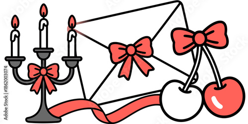 A festive illustration of a candelabra, envelope, and cherries adorned with red bows and ribbons.