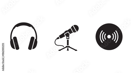 Music Accessories Set in Simple Flat Design with Black Silhouette on White Background for Music Production