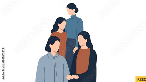 Four faceless women grouped in muted tones, standing close in supportive, calm, minimalist style art