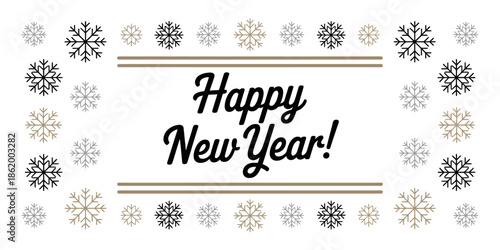 A festive Happy New Year card with snowflakes and gold lines on a white background