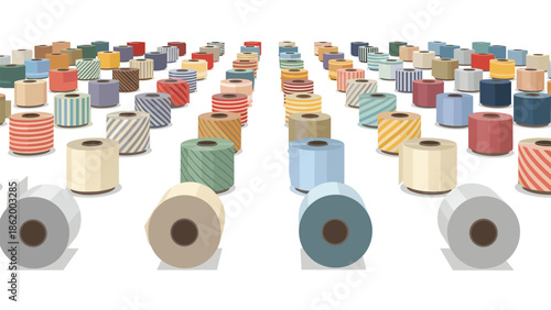 Vast expanse of hundreds of colorful patterned spools of thread or yarn, meticulously arranged and receding into the distance, symbolizing large-scale textile production.