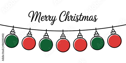 A festive Christmas graphic with a string of red and green ornaments and the words Merry Christmas written in elegant cursive script.