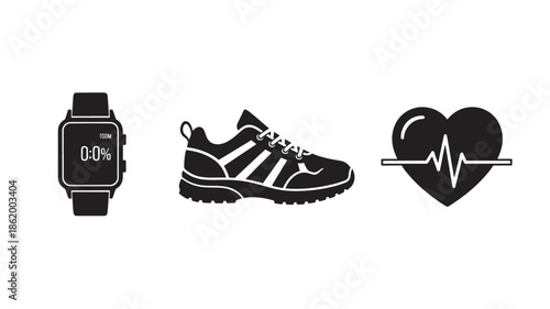 Fitness Tracker and Running Shoe with Heartbeat Symbol in Monochrome Minimalist Style for Health and Wellness