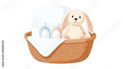 Charming baby shower gift basket featuring a soft folded white towel, gentle baby lotion bottles in blue and pink, and an adorable plush bunny toy.