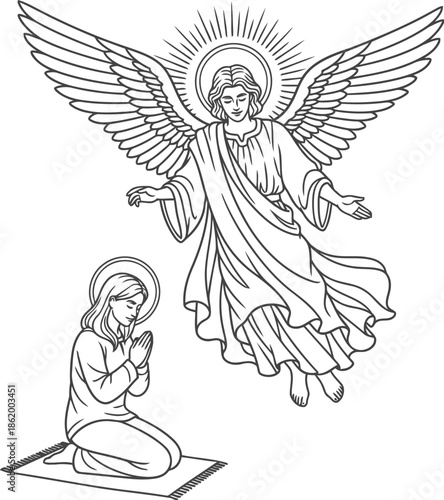 Outline angel wings illustration with holy guardian and calm prayer moment