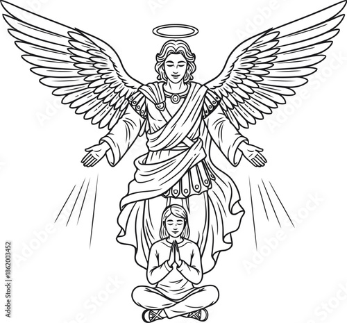 Line art guardian angel design with praying human spiritual illustration