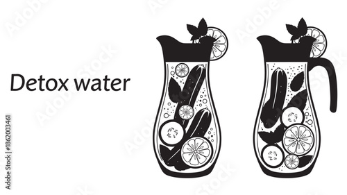 Detox Water Pitchers in Modern Minimalist Illustration with Black Silhouette and Citrus Slices for Health and Wellness