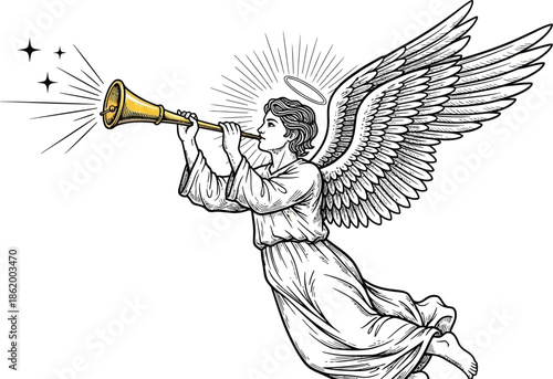 Hand drawn angel wings sketch with spiritual guardian and praying person