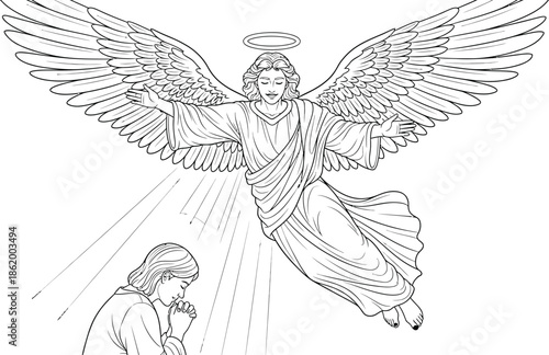 Sacred guardian angel line drawing with wings and peaceful prayer scene