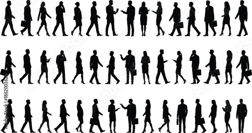 Large business people silhouette set, walking men women, corporate office staff collection, talking meeting vector illustration, isolated black group design.