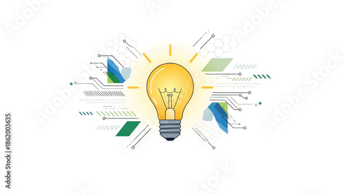 Glowing incandescent bulb central amid abstract circuitry, hexagons, and green-blue shapes with tech