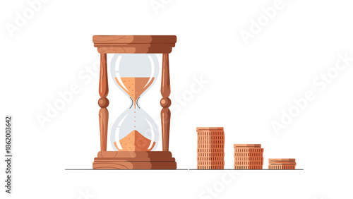 Classic hourglass with sand flowing, positioned beside a declining graph of coin stacks, symbolizing the passage of time and financial loss.