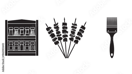 Bakery or BBQ skewers and paintbrush with baking tray in monochrome illustration style for culinary or art design