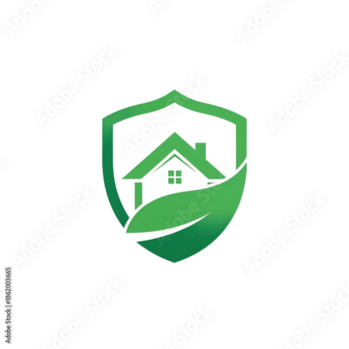 Green shield encases a stylized house silhouette, cradled by a sweeping leaf symbolizing eco living