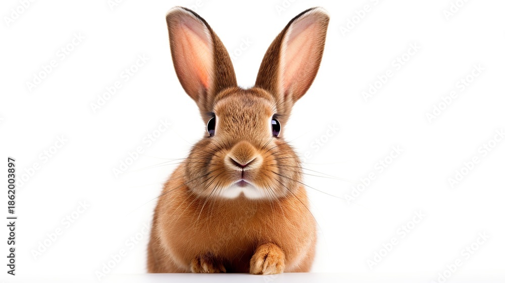 Fototapeta premium Front-facing brown bunny with raised paws, a cute portrait-style image against a clean white background