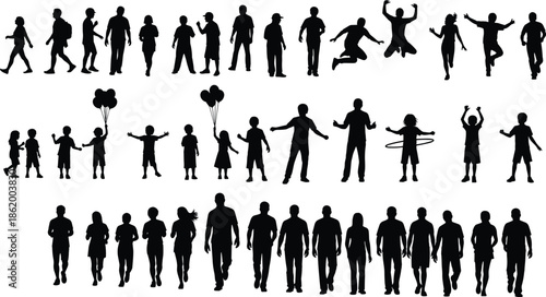 Large collection of black vector silhouettes, active people jumping, children playing with balloons, and crowd walking forward, isolated illustration set.