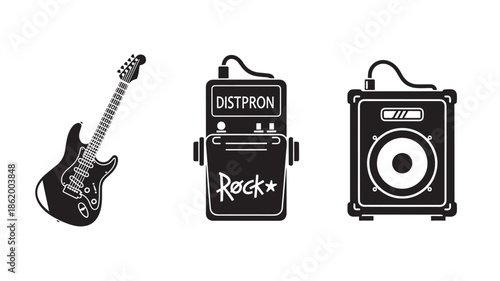 Guitar, Distortion Pedal, and Amplifier in Black and White Illustration for Music Industry