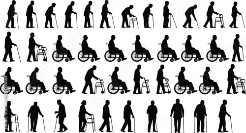 Large collection of black vector silhouettes, elderly people walking with canes, walkers, and sitting in wheelchairs, isolated illustration set.