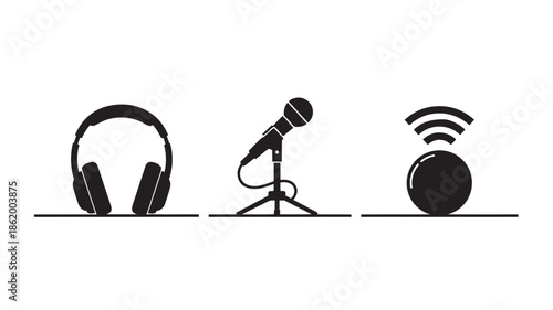 Podcasting equipment in minimalist style with black silhouette on white background for media production