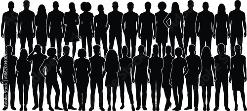 Large crowd of people silhouette standing together, diverse men and women group vector illustration, black community team background, social workforce design.