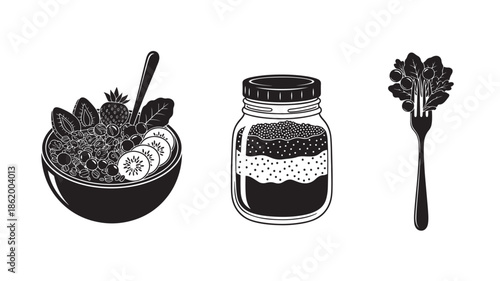 Caviar in bowl, jar, and fork in minimalist black and white illustration for luxury food packaging