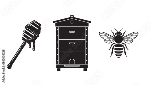 Beehive with honey dipper and bee in minimalist black illustration on white background for apiculture