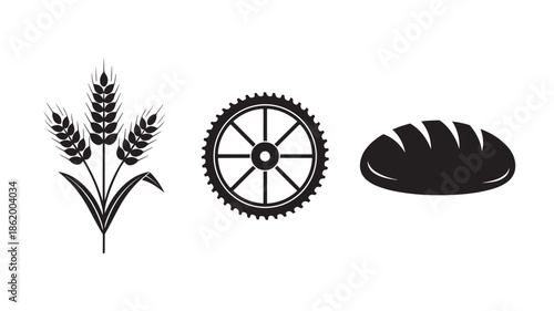Wheat, Gear, and Bread Silhouettes in Simple Monochrome Style with High Contrast Lighting on White Background for Industrial Agriculture