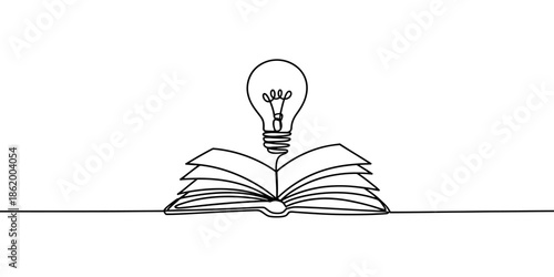 A simple line drawing of an open book with a lightbulb emerging from its pages, symbolizing creativity and inspiration.