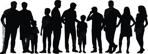 Large group of people silhouette standing, diverse family with kids, men and women, community vector illustration, black human background design.